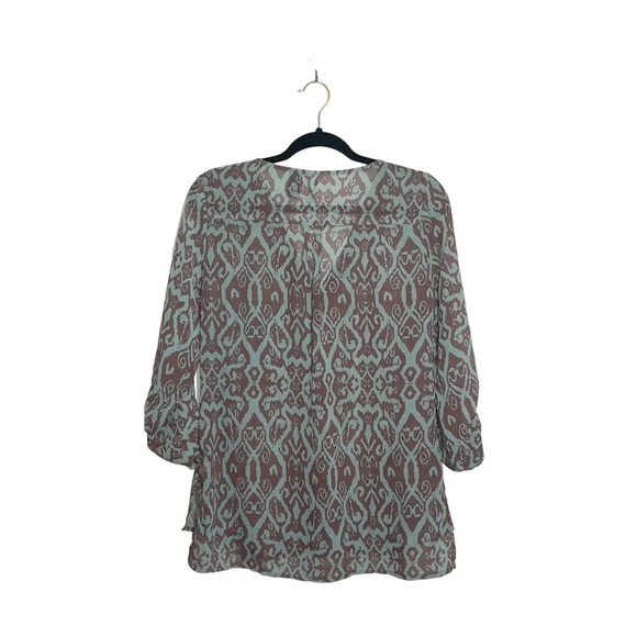 BKE Buckle Mint Green & Brown Boho Printed Semi-sheer Blouse Medium Women’s - Picture 5 of 9
